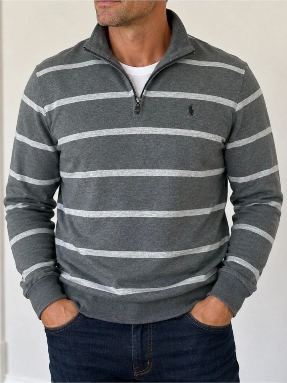 Polo Ralph Lauren 1/4 Zip Long Sleeve Pullover Top Gray Stripe Size Large